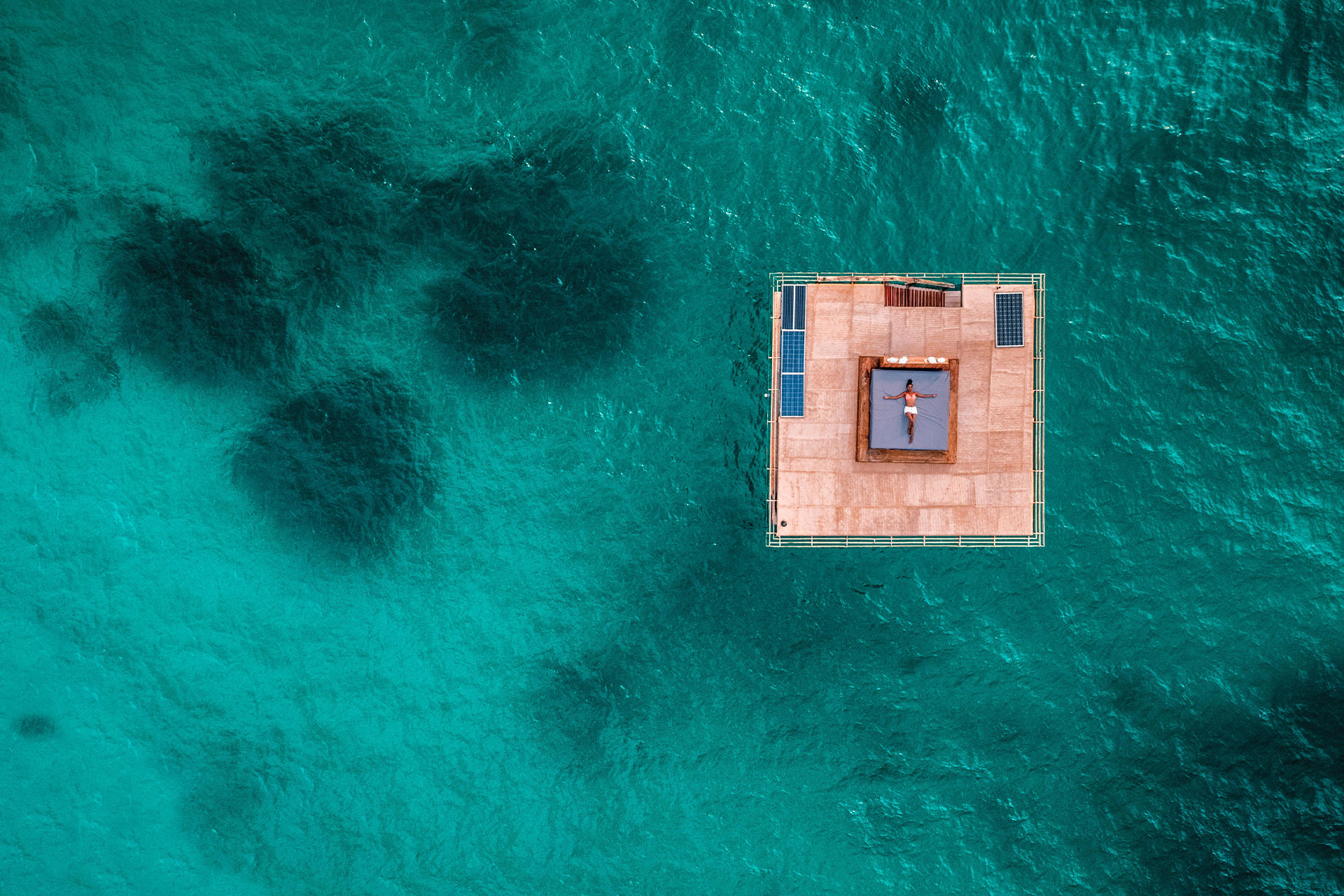 Aerial view of the stargazing bed at The Underwater Room at Manta Resort on Pemba Island, Tanzania.