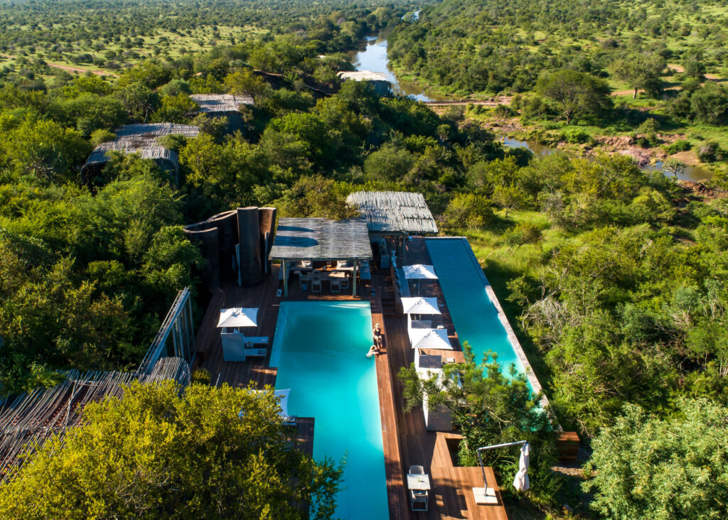 Aerial shot of Singita Lebombo Lodge swimming pools with Grand Africa Safaris